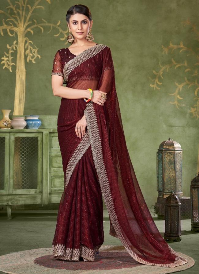 Shimmer Maroon Party Wear Swarosvki Work Saree